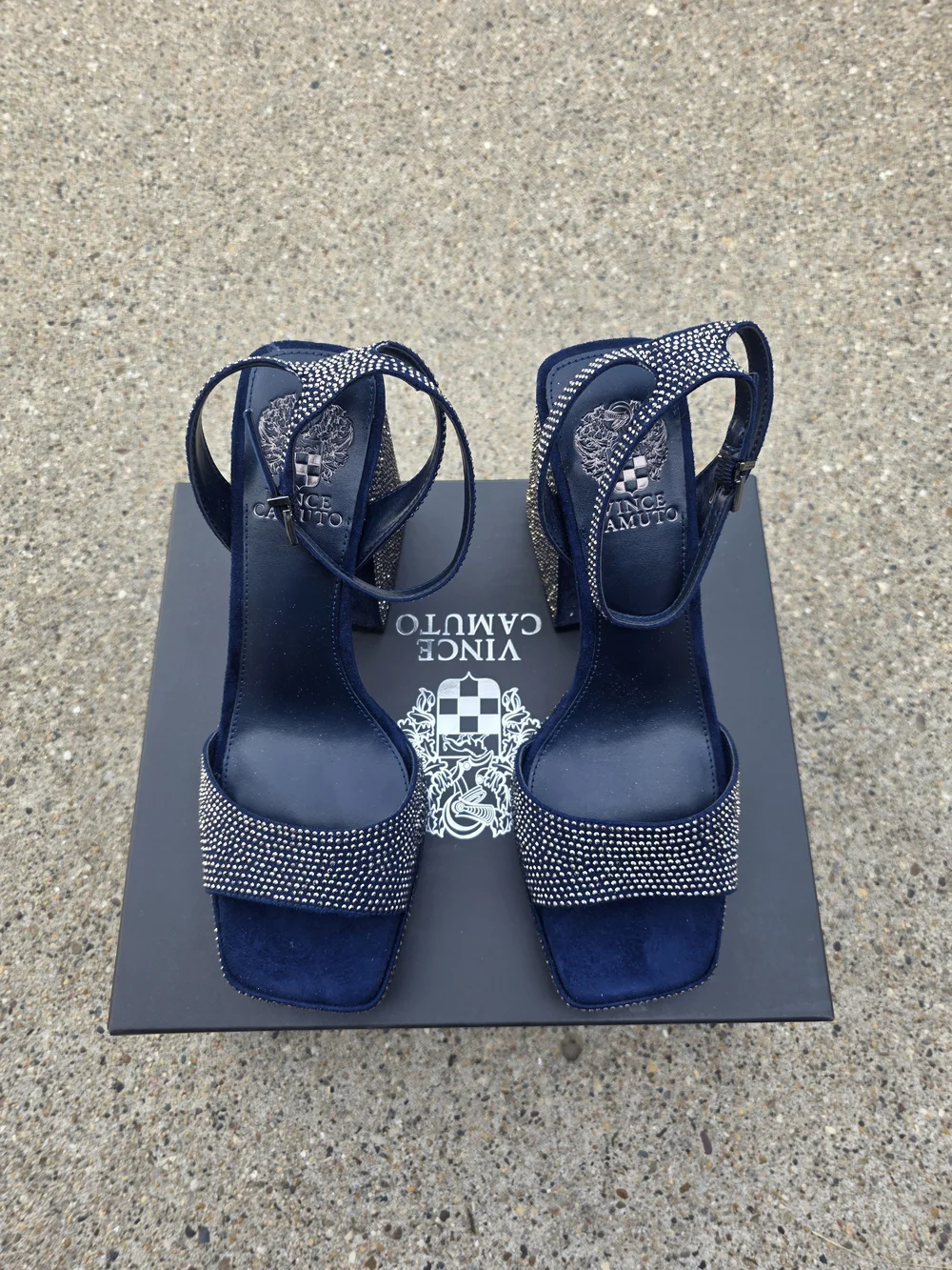 Vince Camuto Navy Embellished Block Heel Sandals Women 8.5